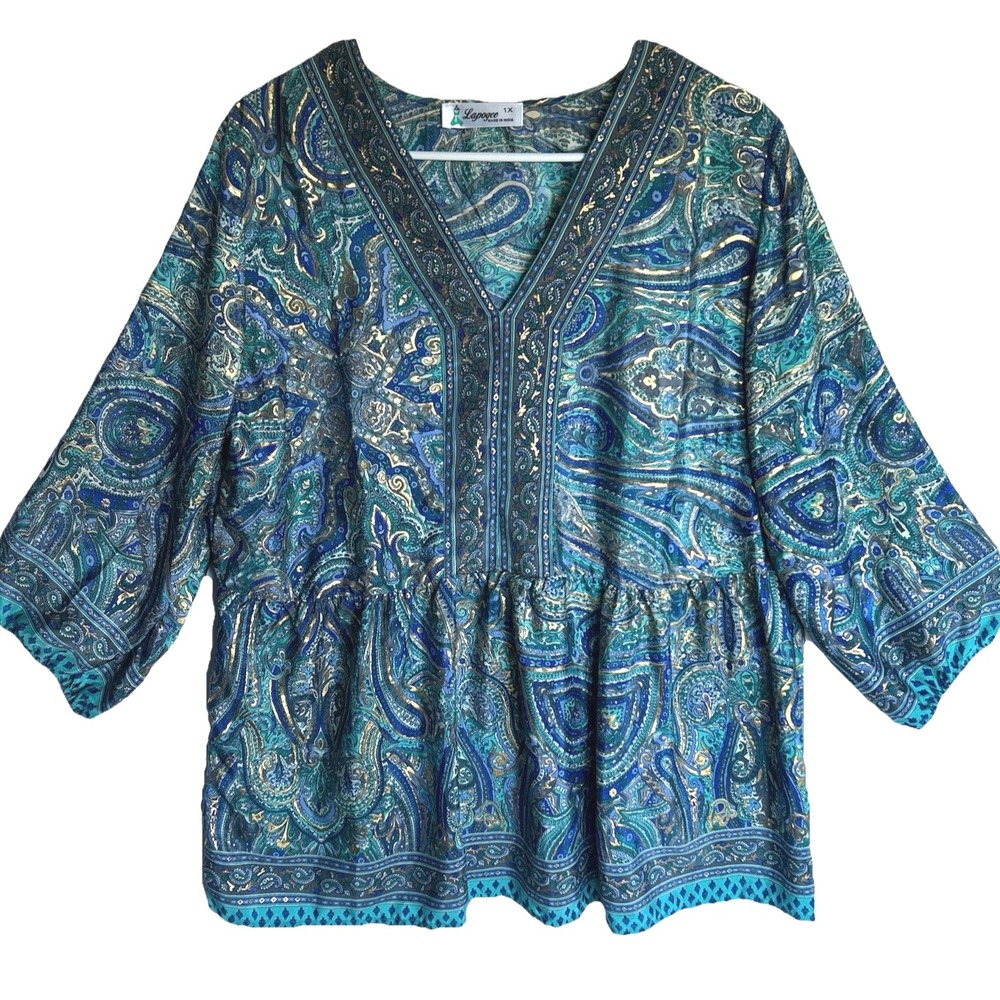 Lapogee Paisley Peplum Top Women 1X Hand Painted Metallic Gold Teal Mermaidcore